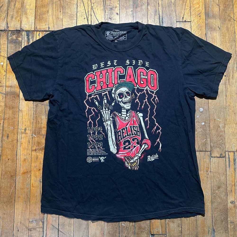 Relish Tee Mens XL Black Chicago Rings Shirt Skeleton Edition Graphic‎ Pullover